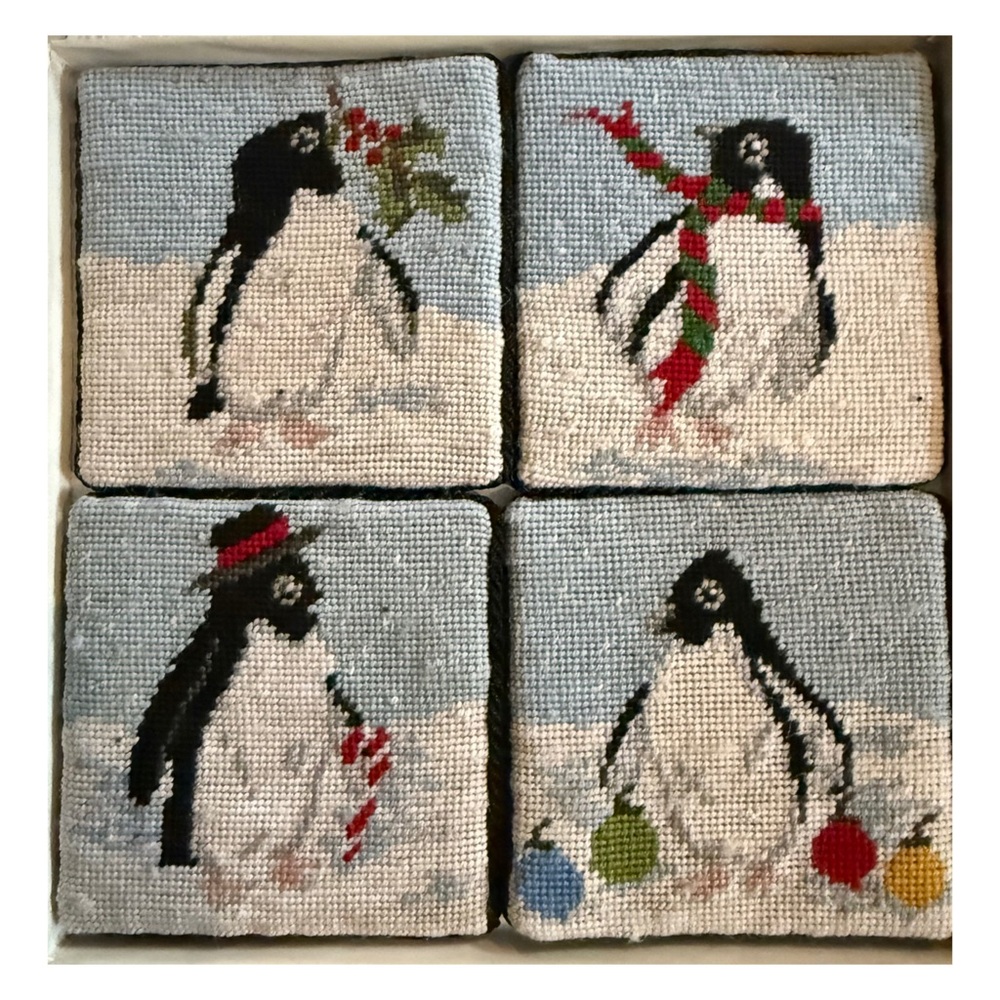 Katha Diddle Festive Penguin Needlepoint Coaster Set of 4 Never Used